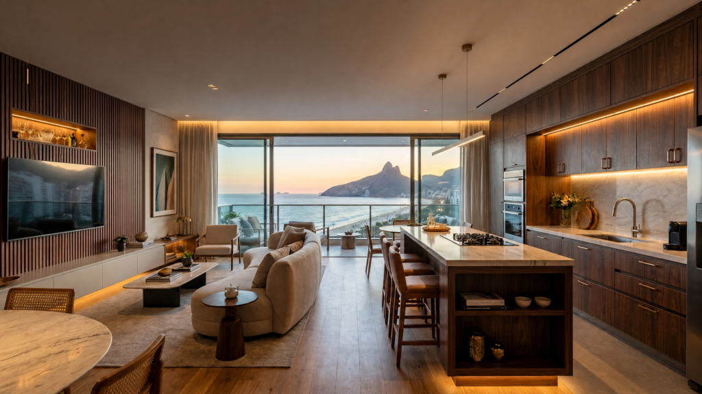 Apartamento de luxo no Rio de Janeiro com cozinha integrada e sala de estar decoradas com marcenaria sob medida de alto padrão e vista para o mar.